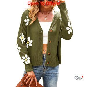 V-Neck Button Cardigan Sweater, Loose Fit Long Sleeve, Jacquard Knit